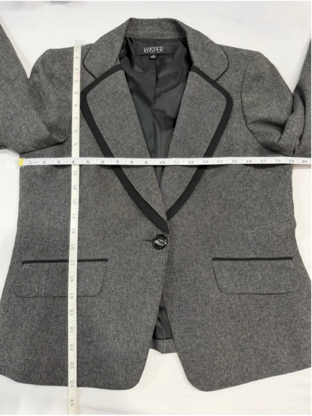 Kasper Gray Single Button Blazer Jacket Black Contrast Trim Accent Career